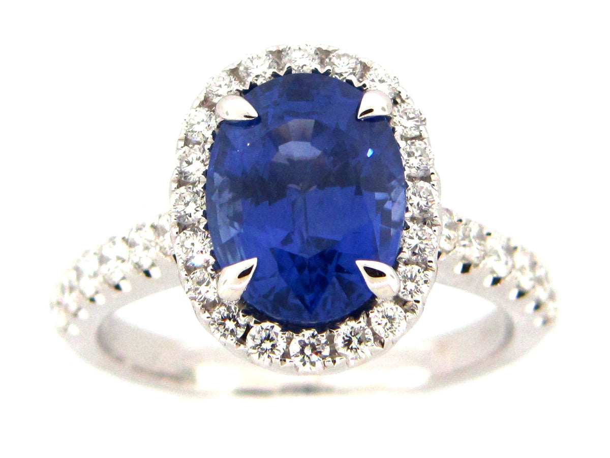 SAPPHIRE & DIAMOND HALO RING, 18KW (H)