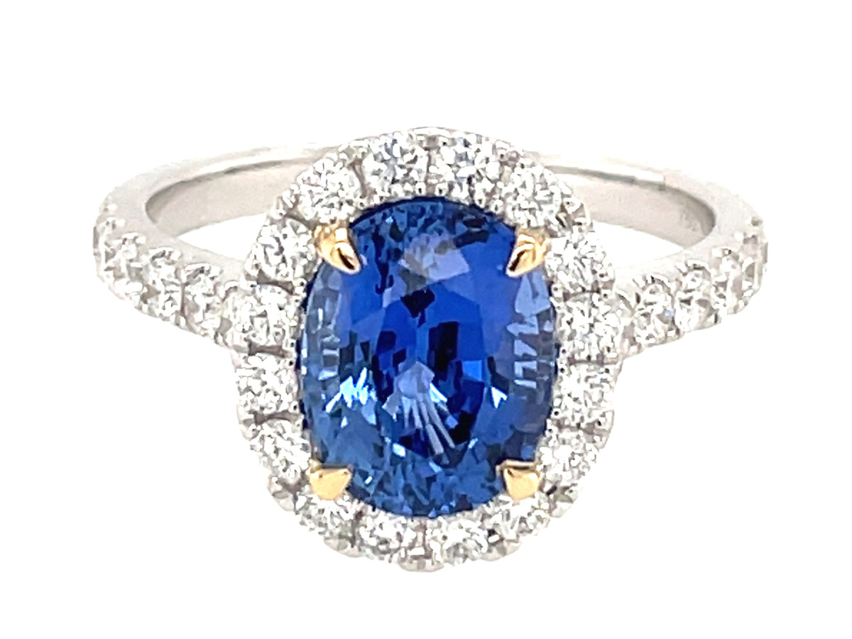 SAPPHIRE & DIAMOND HALO RING, 18KWY (H)