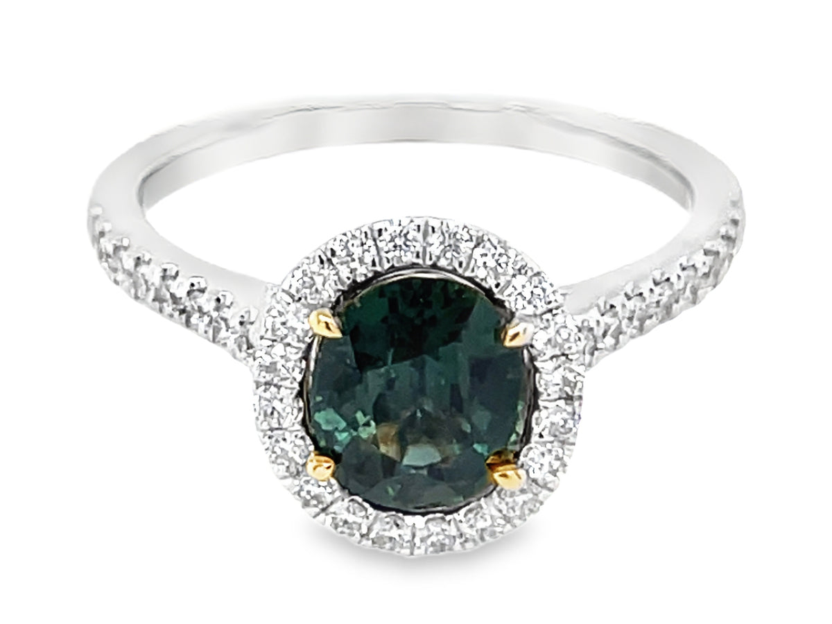NATURAL NO HEAT GREEN SAPPHIRE OVAL & DIAMOND HALO RING