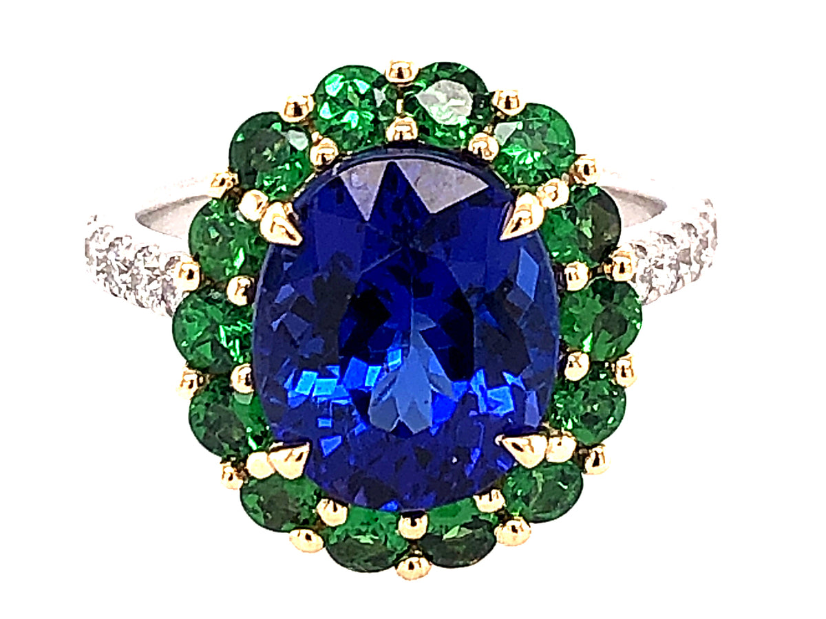 TANZANITE, TSAVORITE & DIAMOND CENTER STONE RING, 18KWY (H/N)