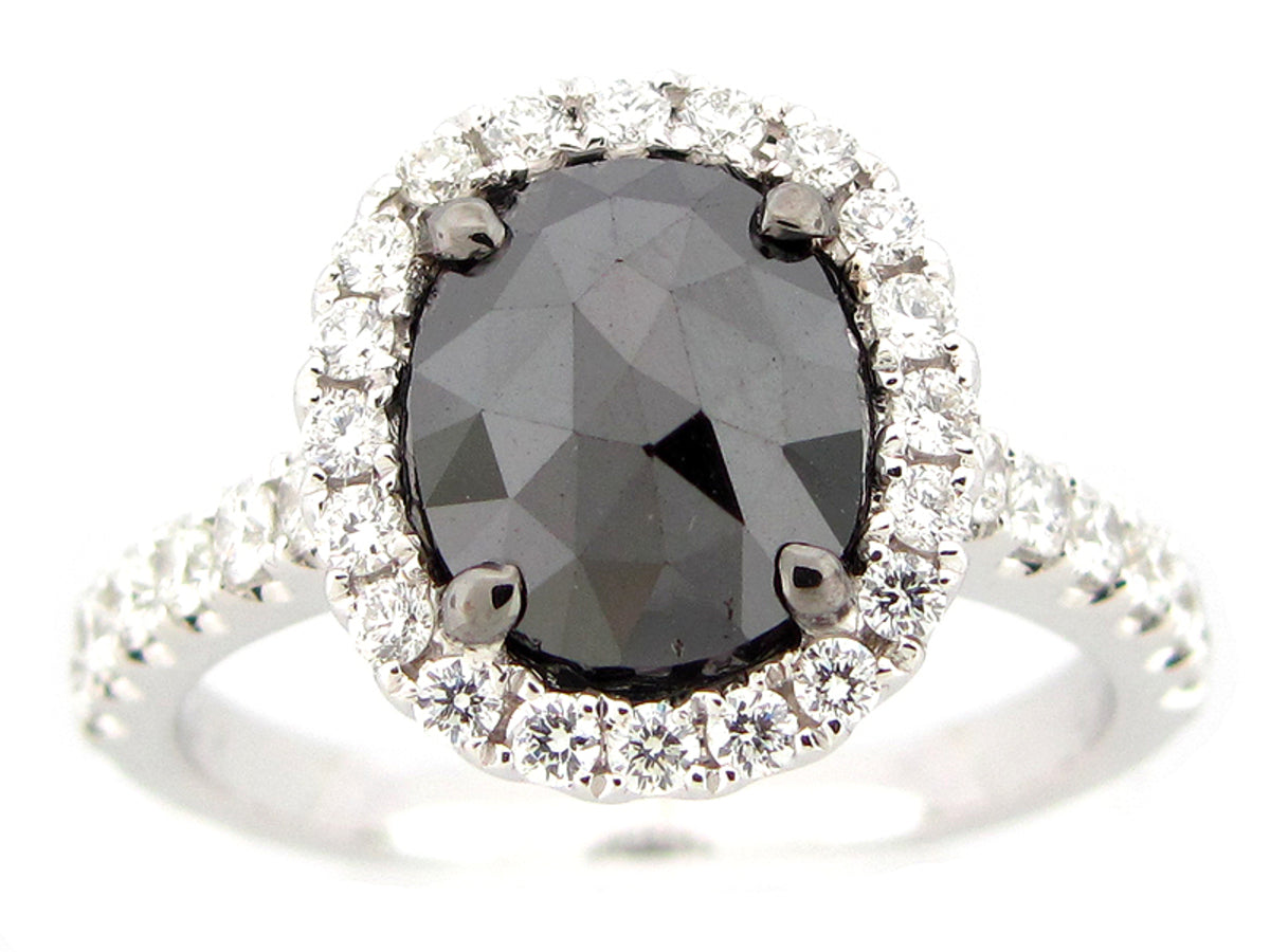 ROSE CUT BLACK & WHITE DIAMOND RING, 18KW (R)