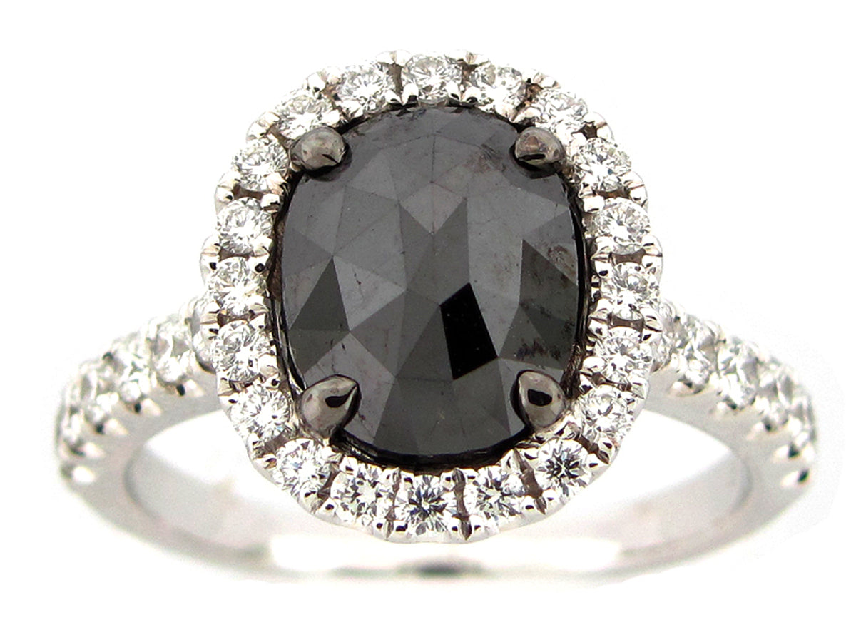 ROSE CUT BLACK & WHITE DIAMOND RING, 18KW (R)
