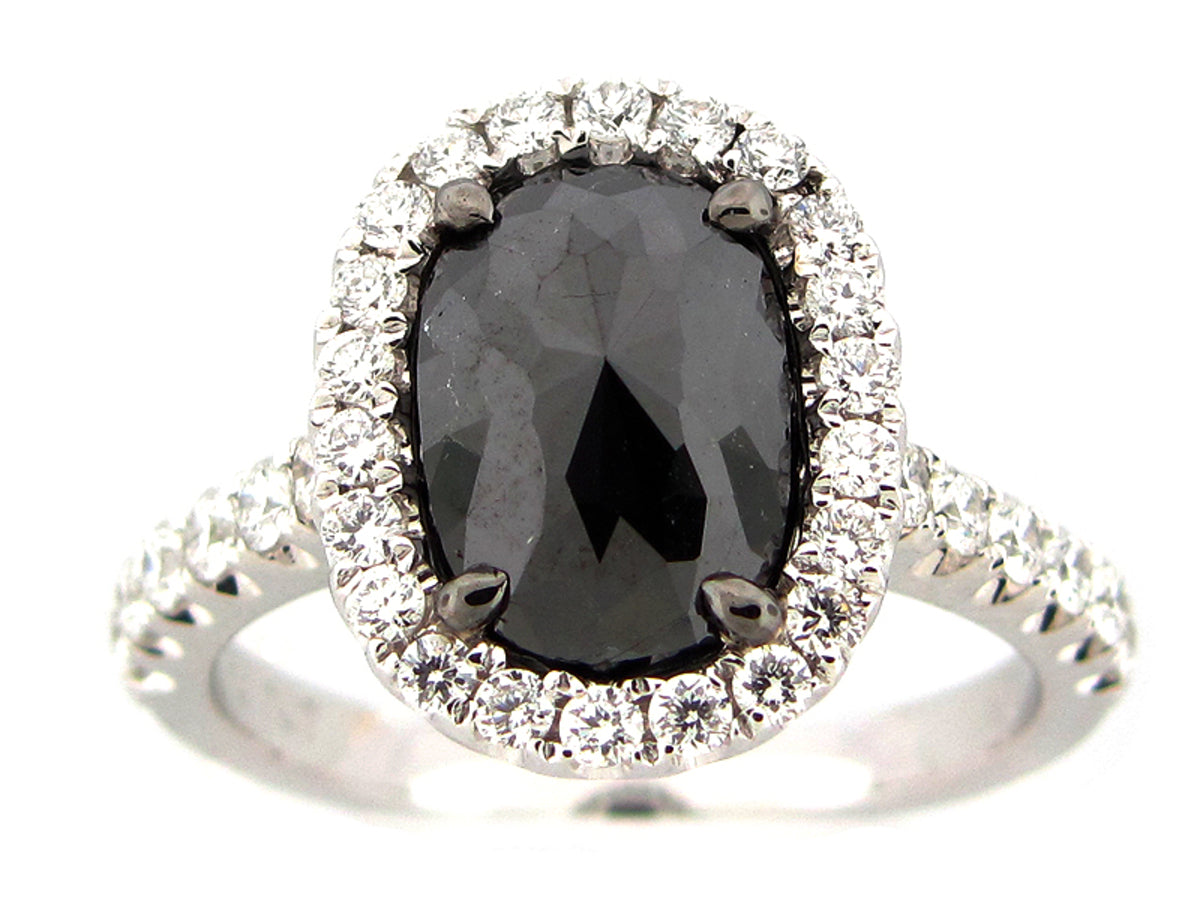 ROSE CUT BLACK & WHITE DIAMOND RING, 18KW (R)
