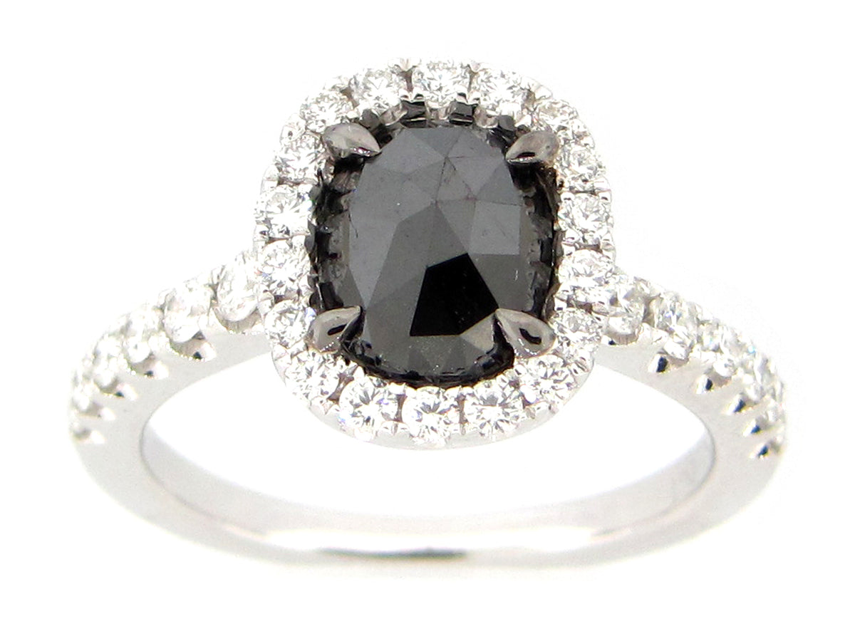 ROSE CUT BLACK & WHITE DIAMOND RING, 18KW (R)