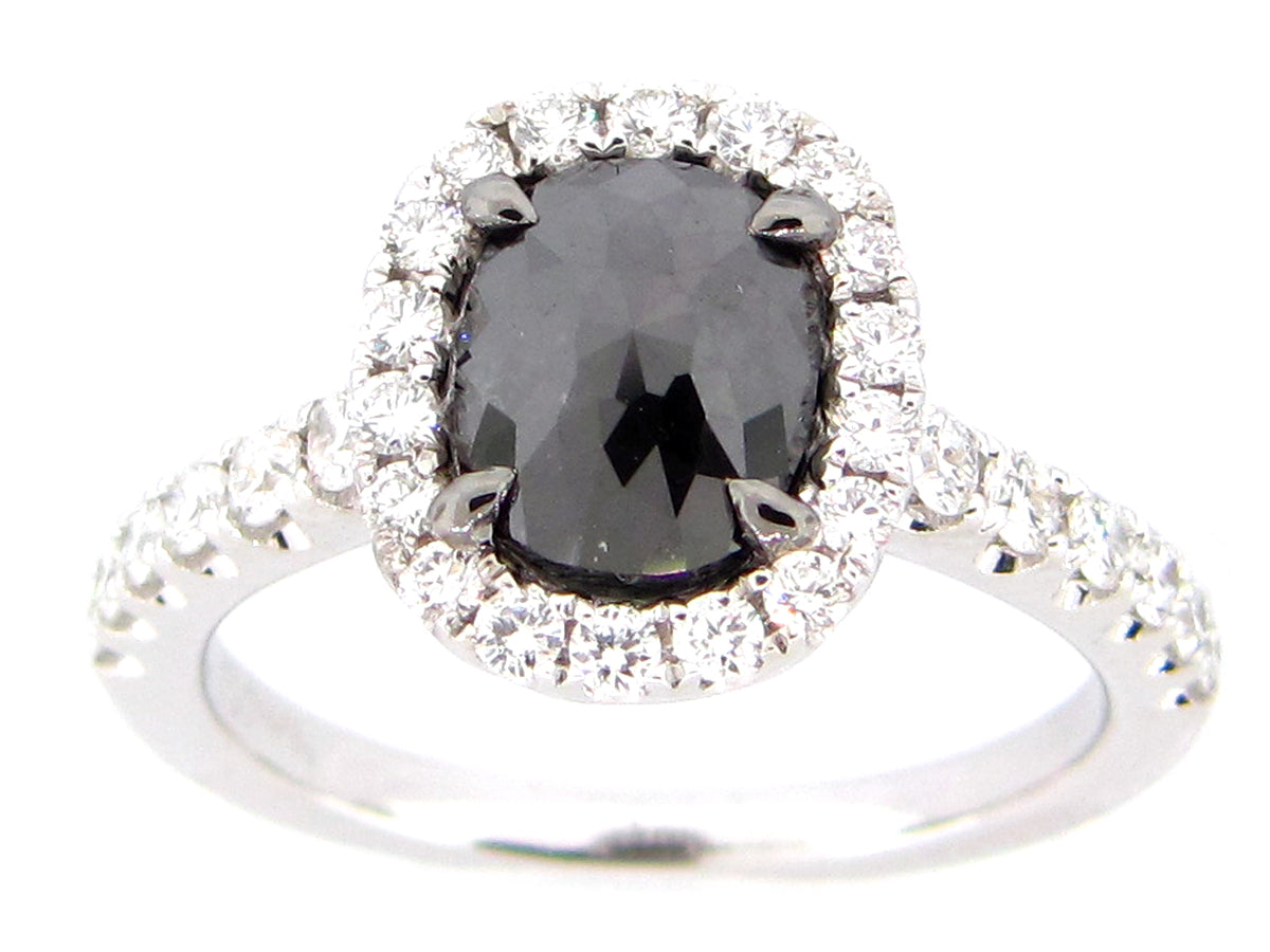 ROSE CUT BLACK & WHITE DIAMOND RING, 18KW (R)