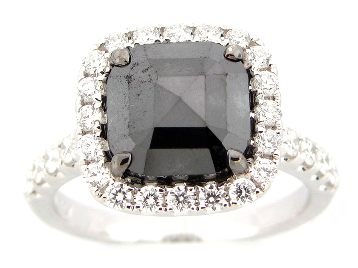 ROSE CUT BLACK & WHITE DIAMOND RING, 18KW (R)