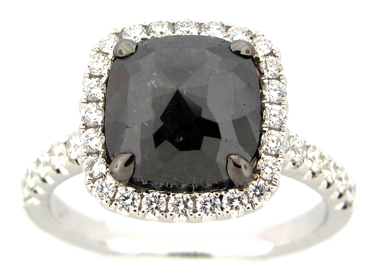 ROSE CUT BLACK & WHITE DIAMOND RING, 18KW (R)