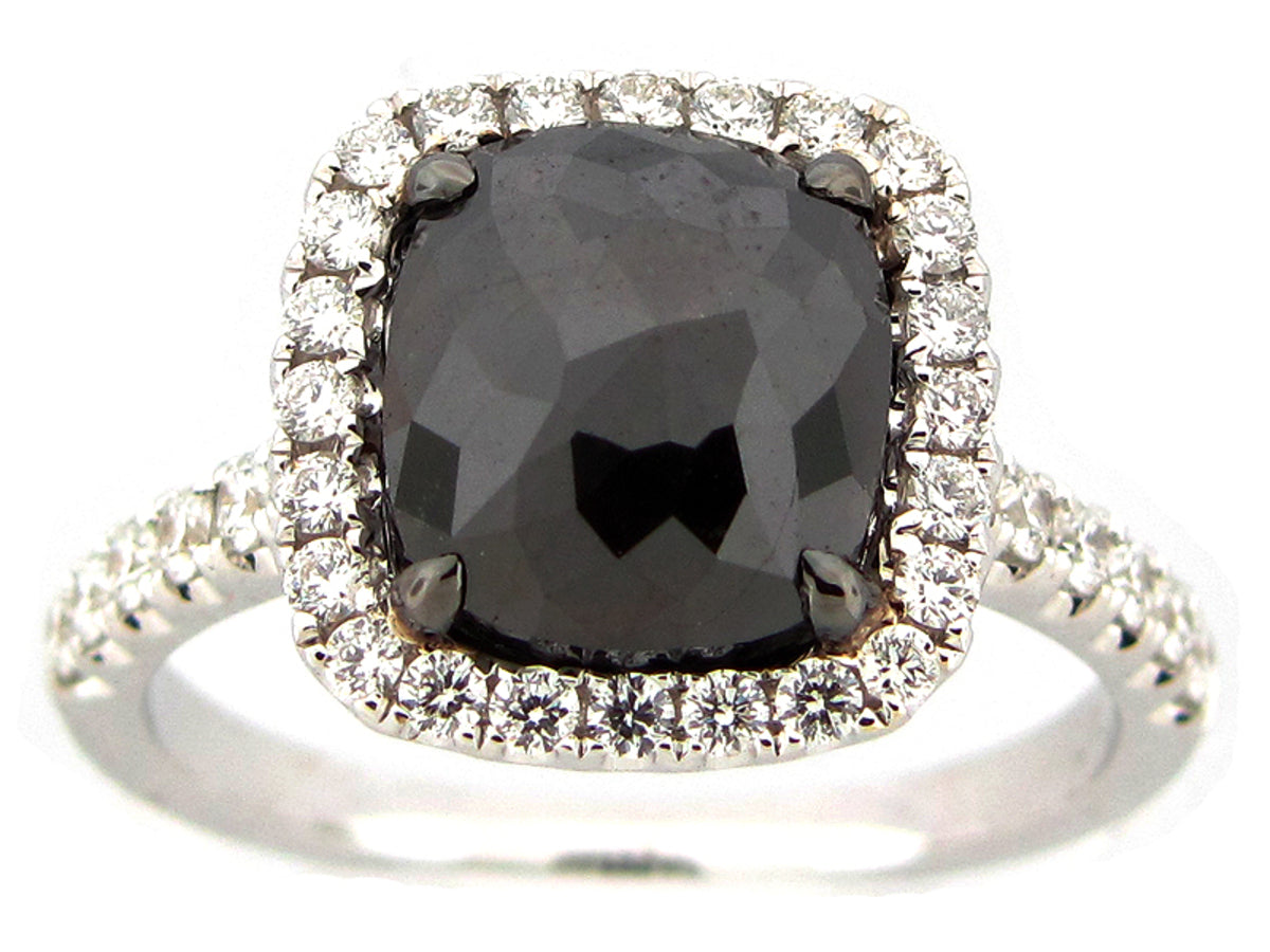 ROSE CUT BLACK & WHITE DIAMOND RING, 18KW (R)