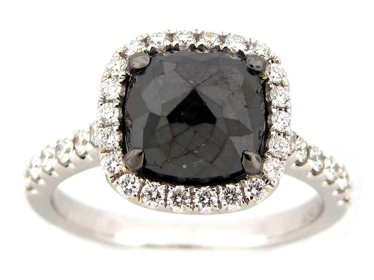 ROSE CUT BLACK & WHITE DIAMOND RING, 18KW (R)