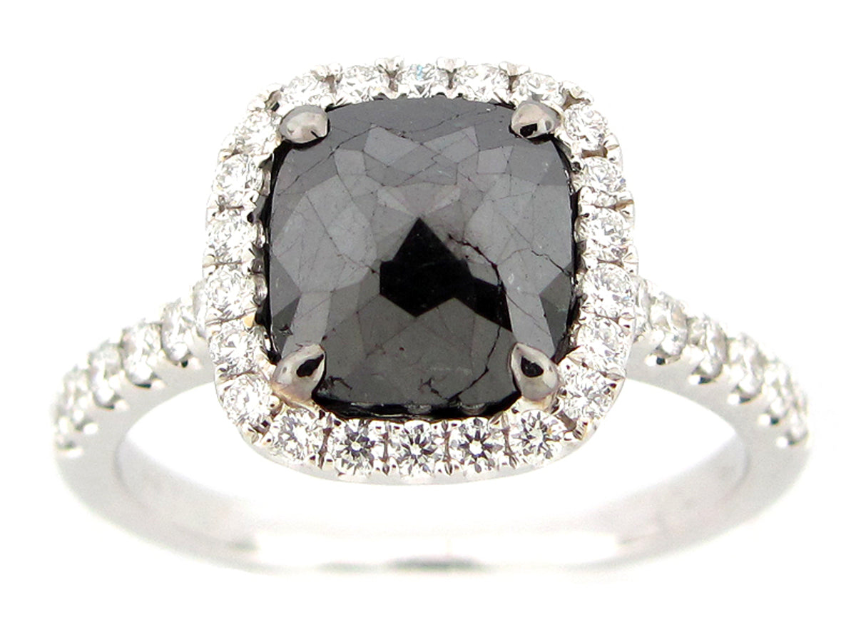 ROSE CUT BLACK & WHITE DIAMOND RING, 18KW (R)