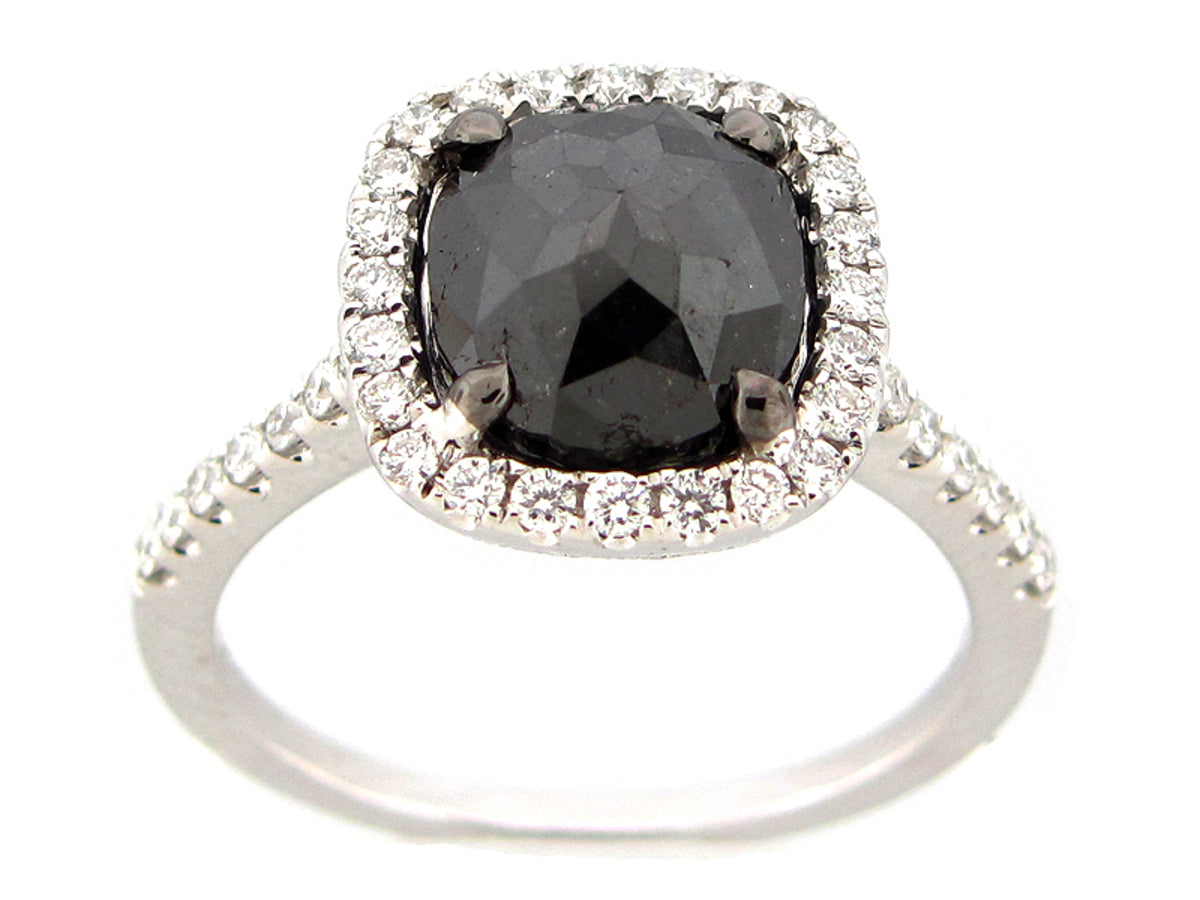 ROSE CUT BLACK & WHITE DIAMOND RING, 18KW (R)