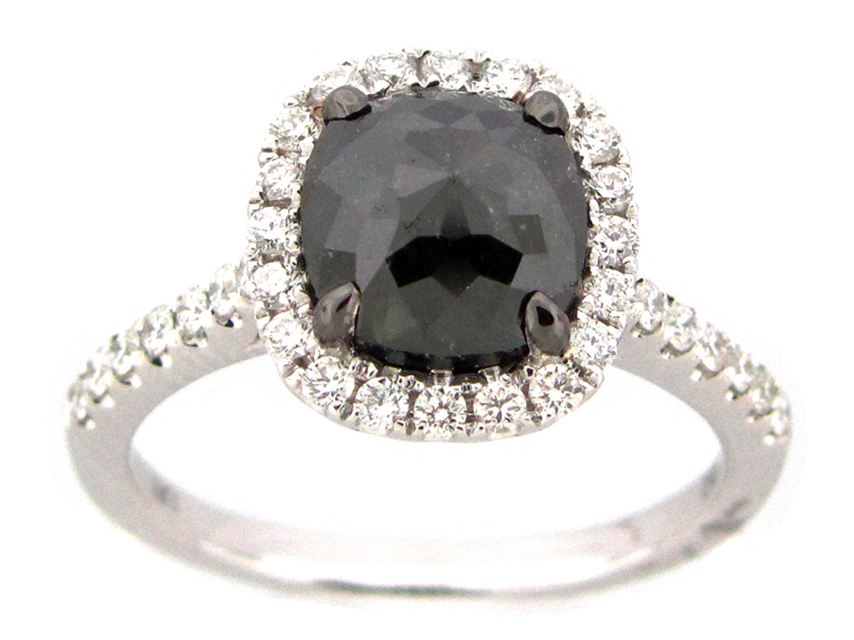 ROSE CUT BLACK & WHITE DIAMOND RING, 18KW (R)