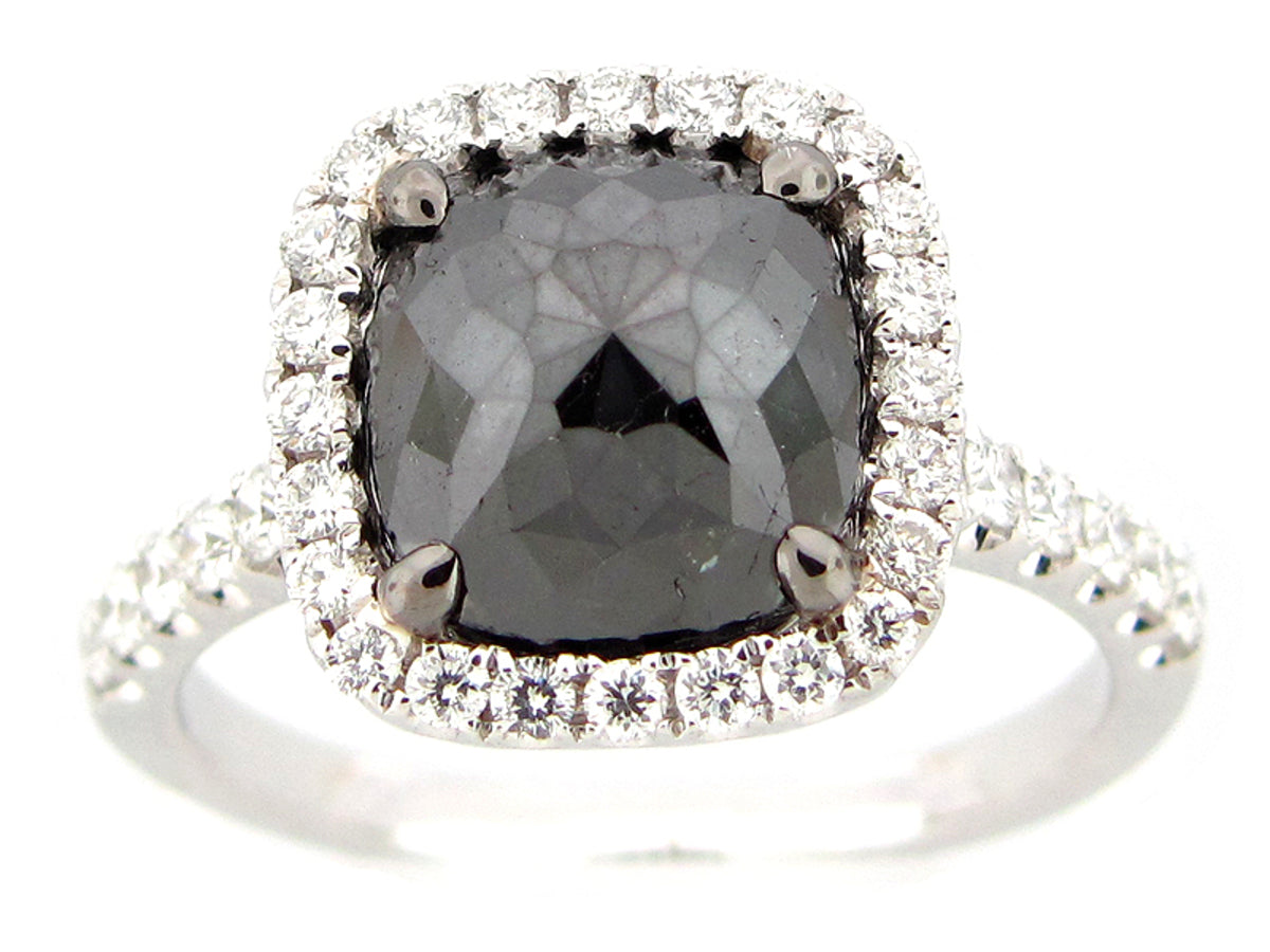 ROSE CUT BLACK & WHITE DIAMOND RING, 18KW (R)