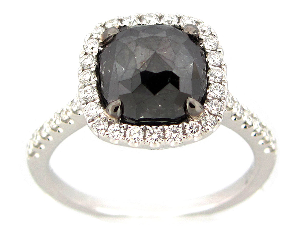 ROSE CUT BLACK & WHITE DIAMOND RING, 18KW (R)