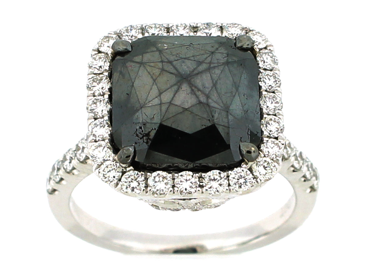 ROSE CUT BLACK & WHITE DIAMOND RING, 18KW (R)