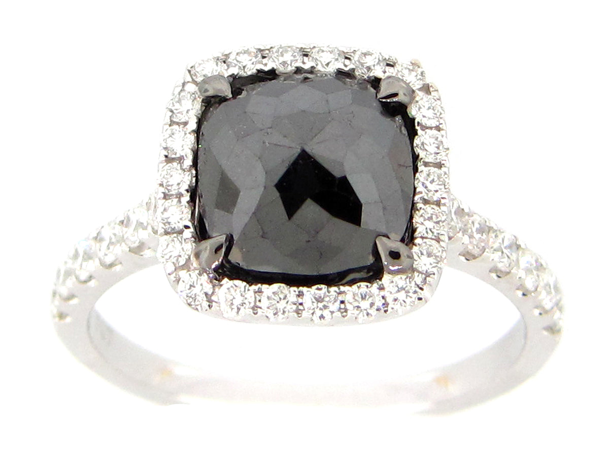 ROSE CUT BLACK & WHITE DIAMOND RING, 18KW (R)