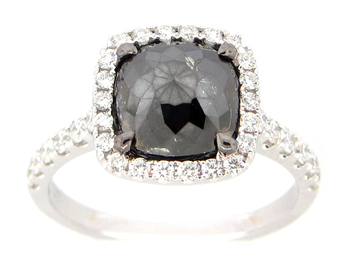ROSE CUT BLACK & WHITE DIAMOND RING, 18KW (R/H)