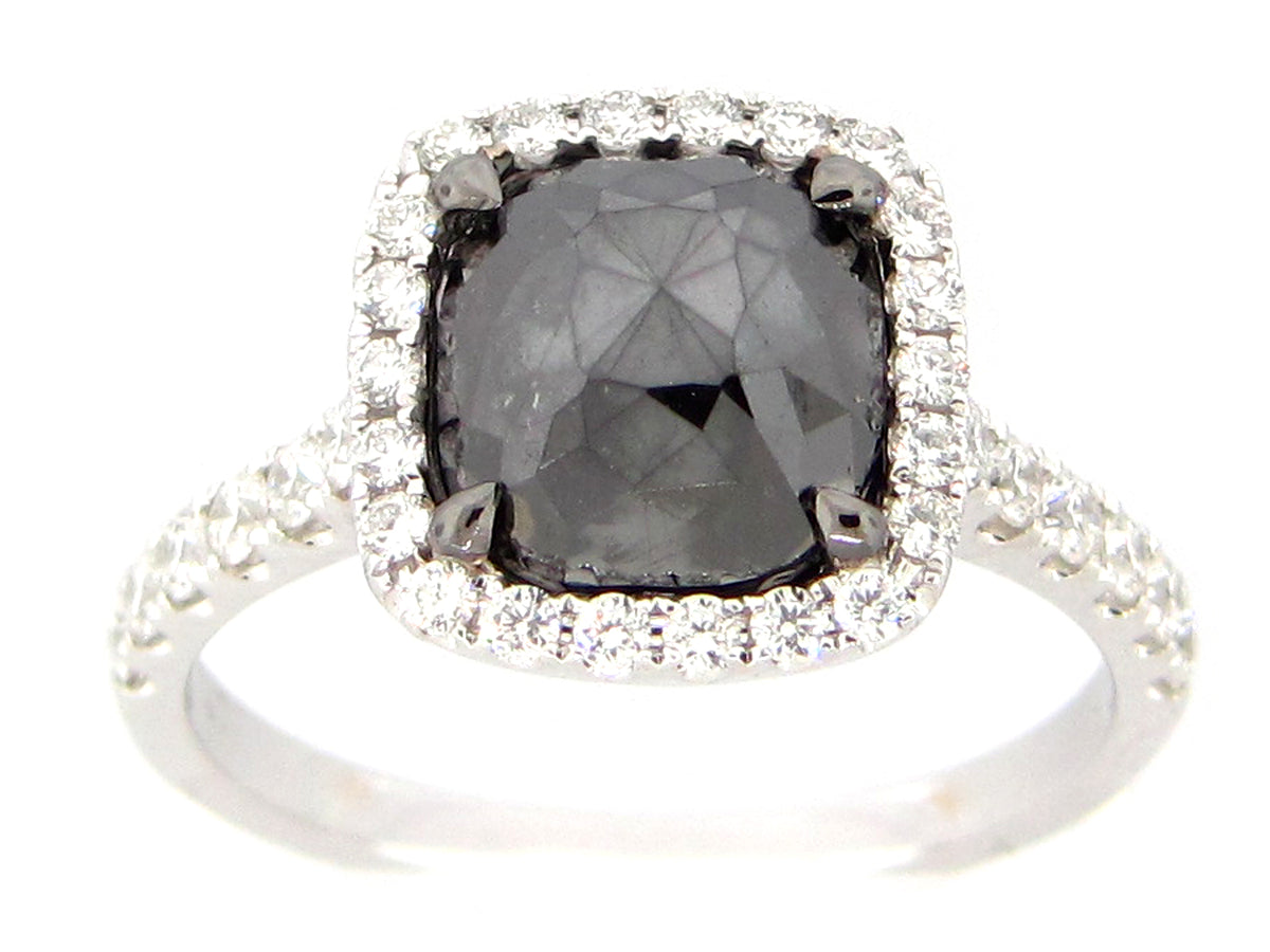 ROSE CUT BLACK & WHITE DIAMOND RING, 18KW (R/H)