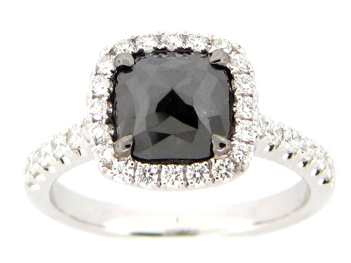 ROSE CUT BLACK & WHITE DIAMOND RING, 18KW (R/H)