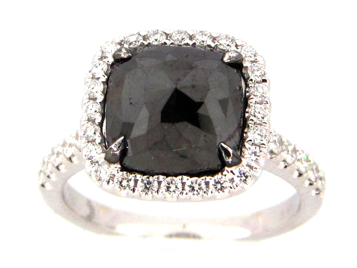 ROSE CUT BLACK & WHITE DIAMOND RING, 18KW (R)