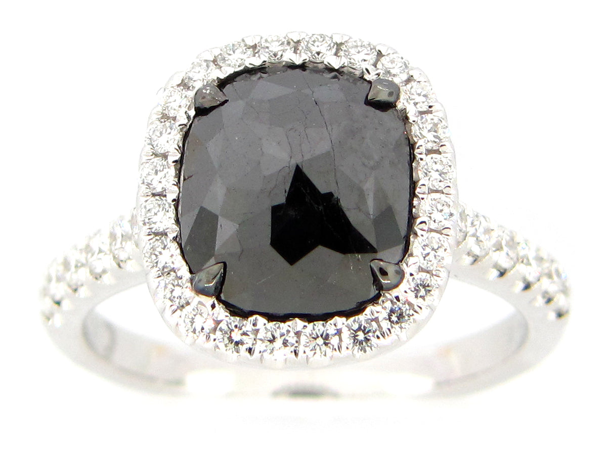 ROSE CUT BLACK & WHITE DIAMOND RING, 18KW (R)