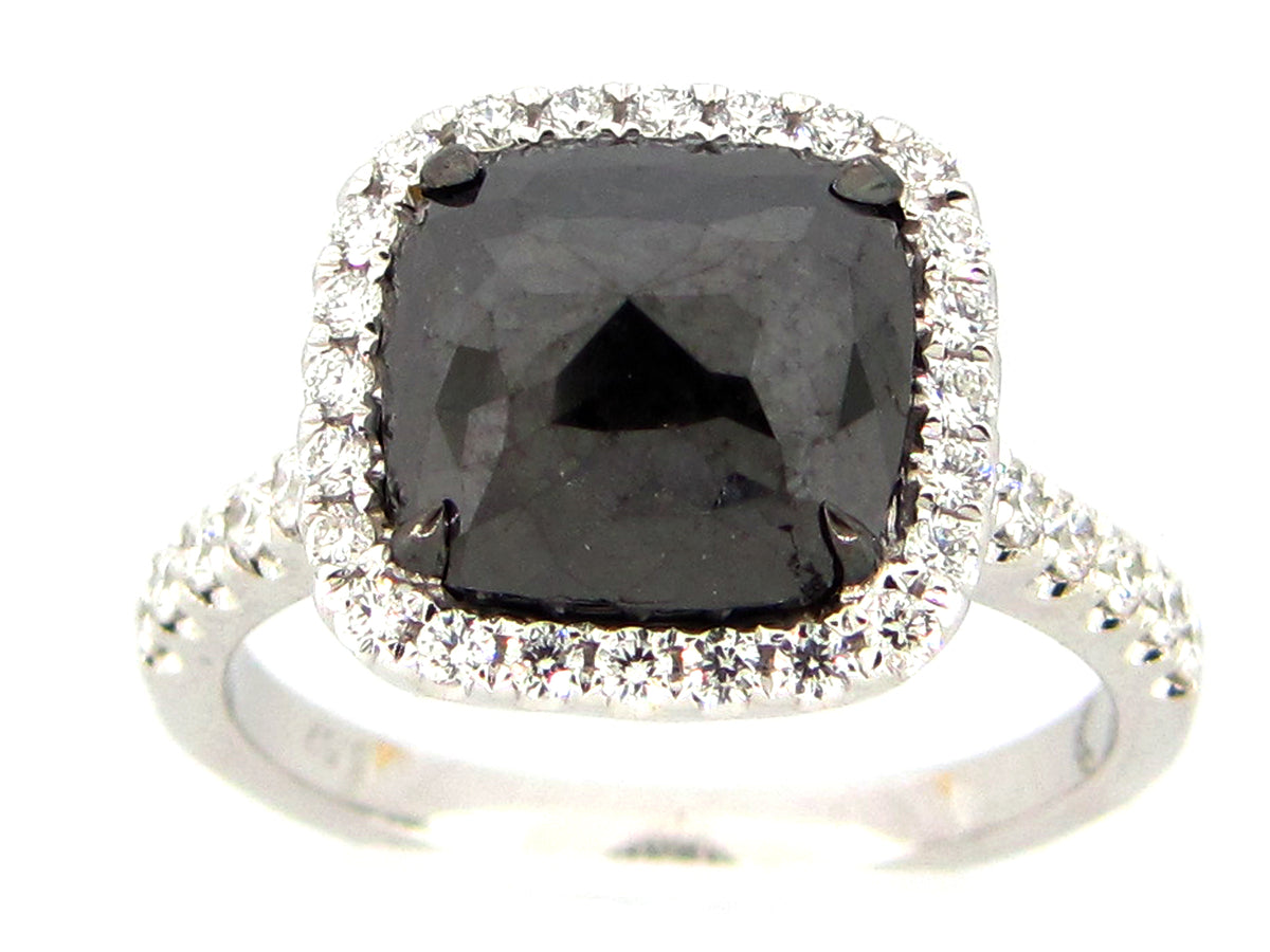 ROSE CUT BLACK & WHITE DIAMOND RING, 18KW (R)