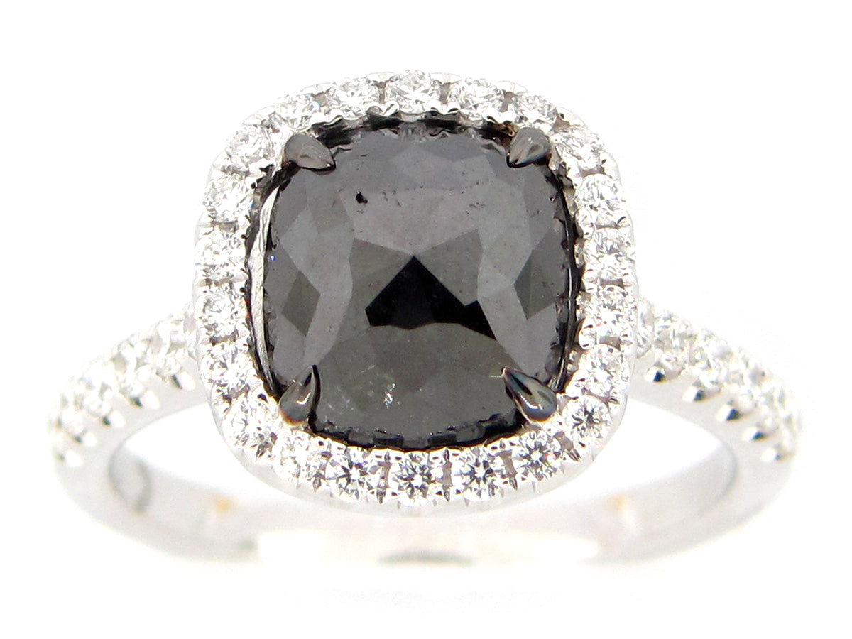 ROSE CUT BLACK & WHITE DIAMOND RING, 18KW (R)