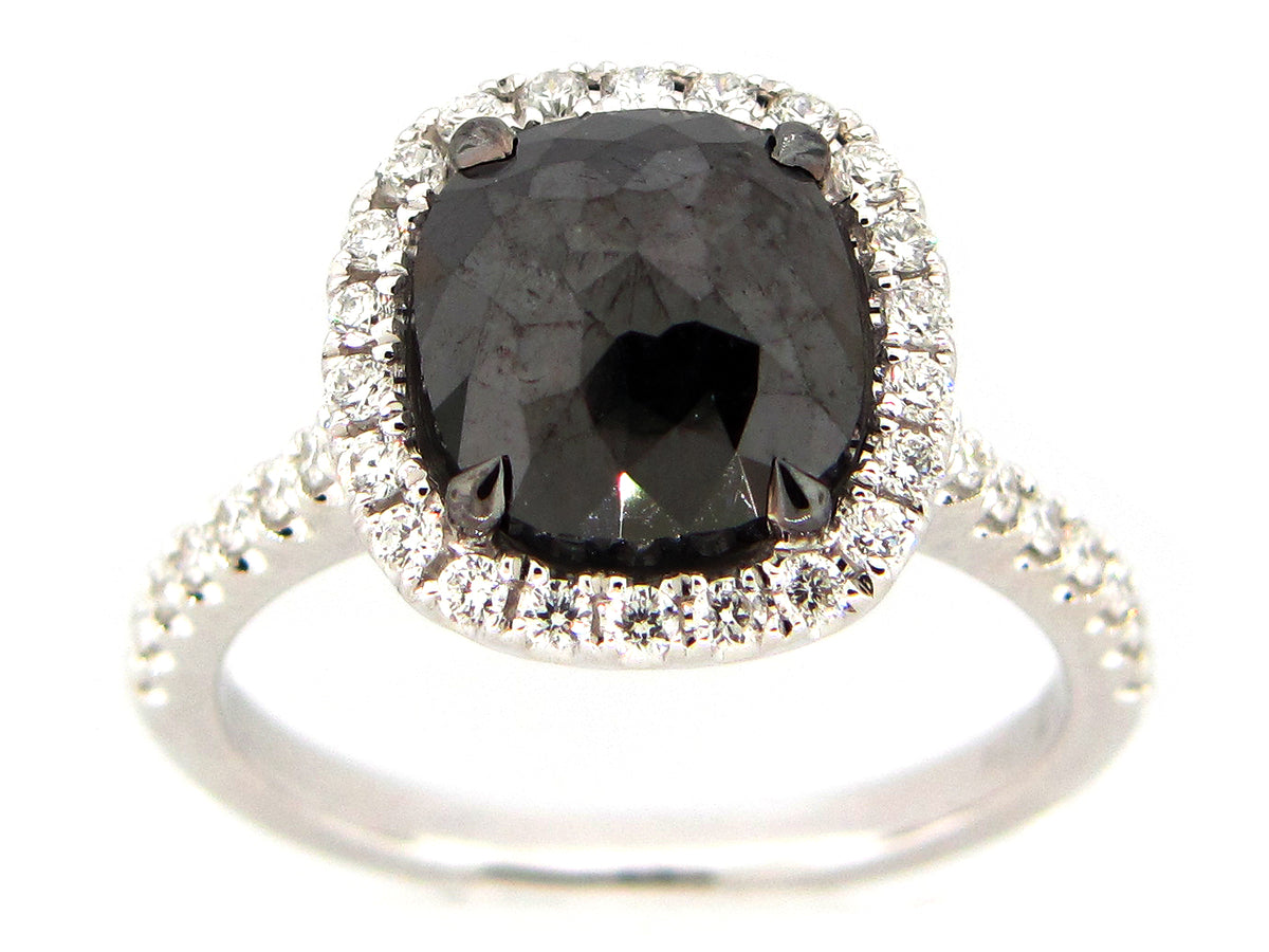 ROSE CUT BLACK & WHITE DIAMOND RING, 18KW (R)