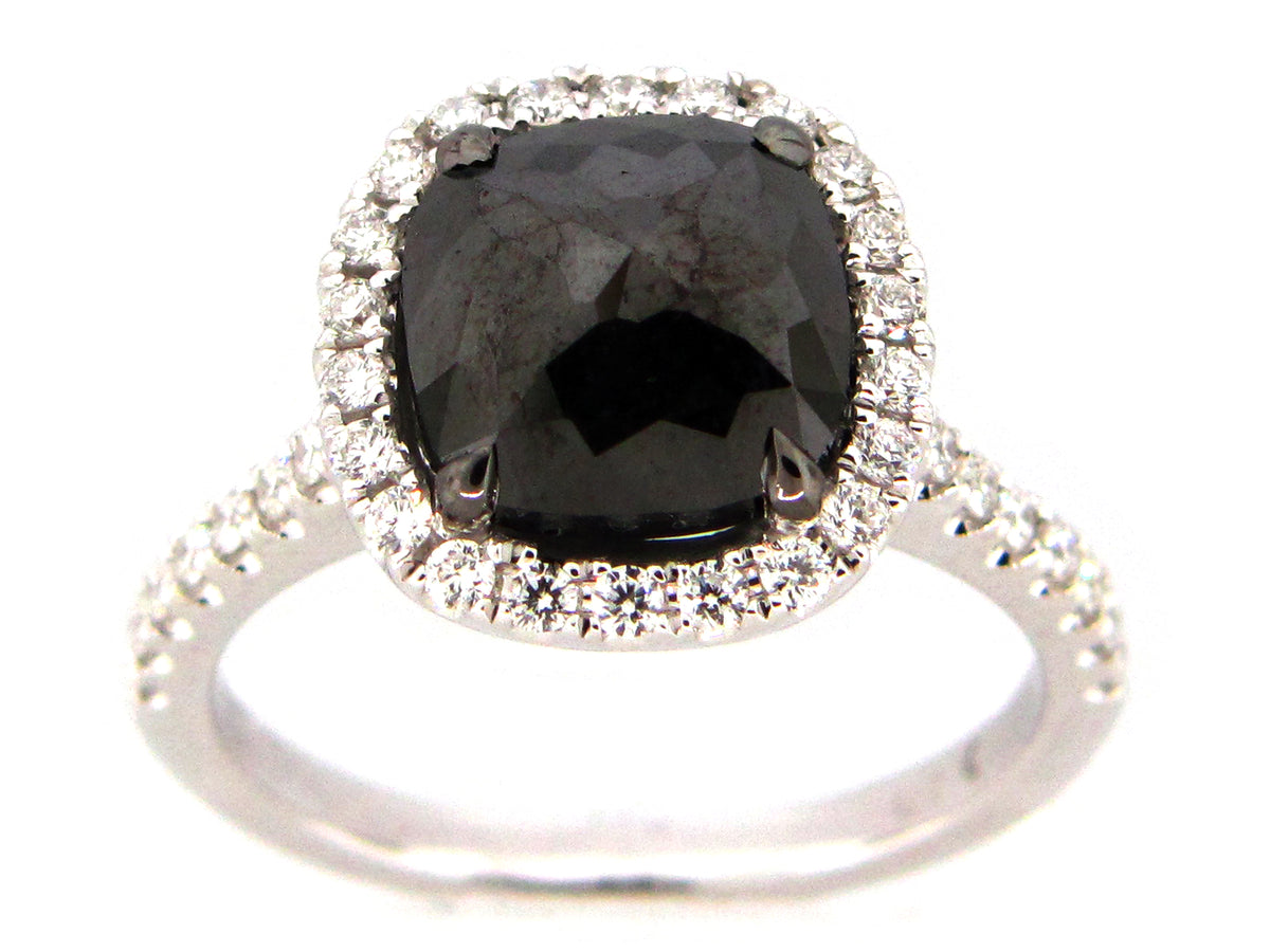 ROSE CUT BLACK & WHITE DIAMOND RING, 18KW (R)