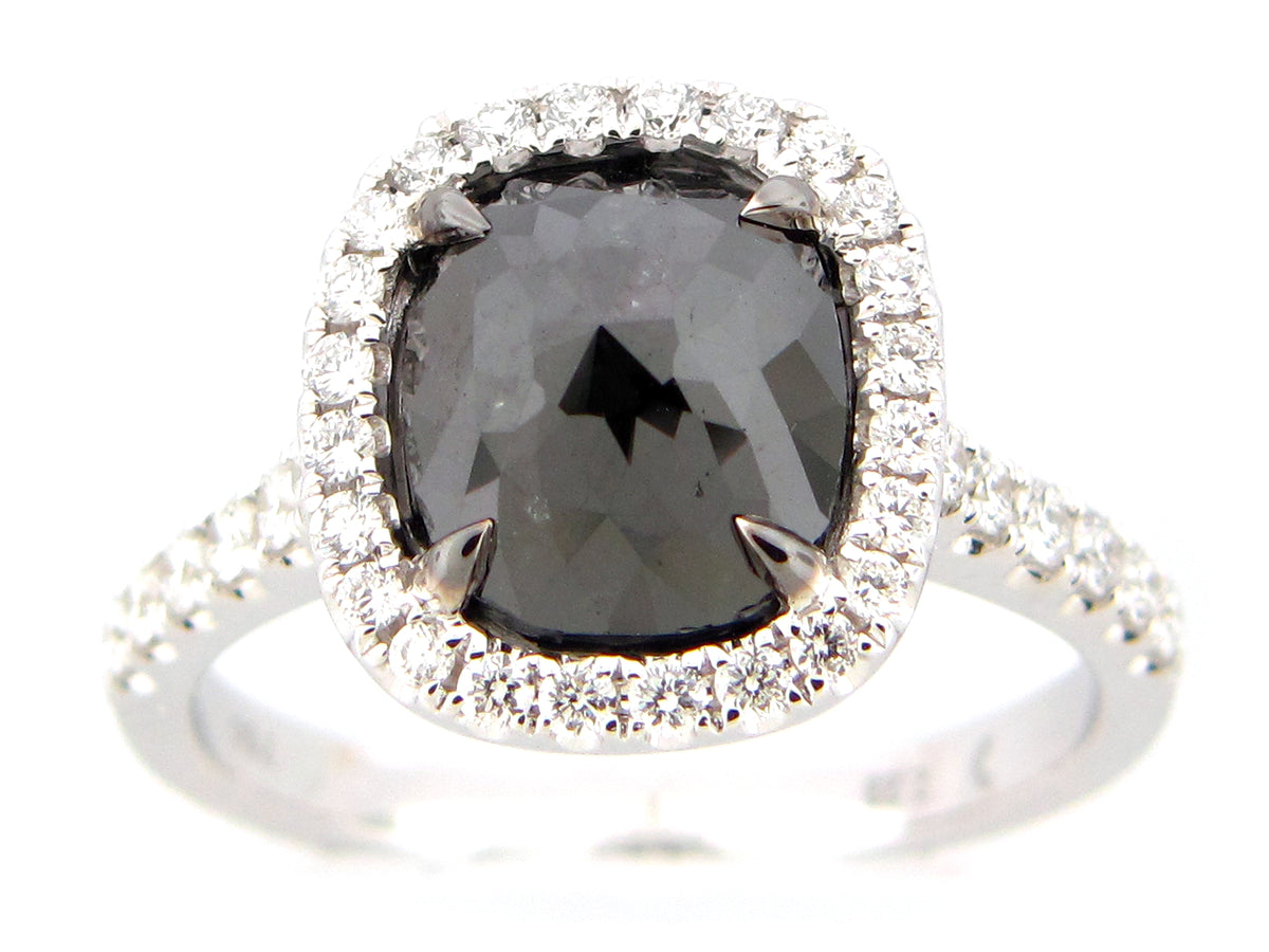ROSE CUT BLACK & WHITE DIAMOND RING, 18KW (R)
