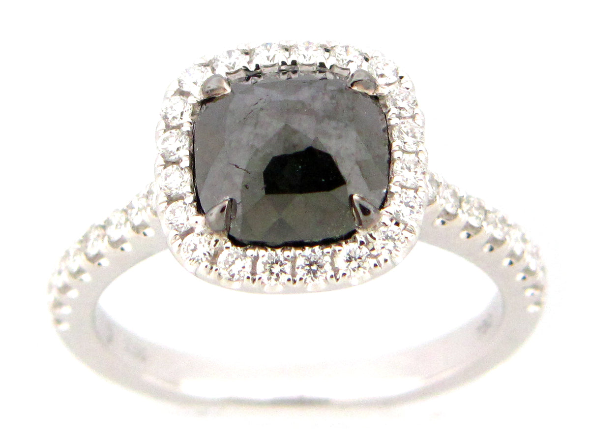 ROSE CUT BLACK & WHITE DIAMOND RING, 18KW (R)