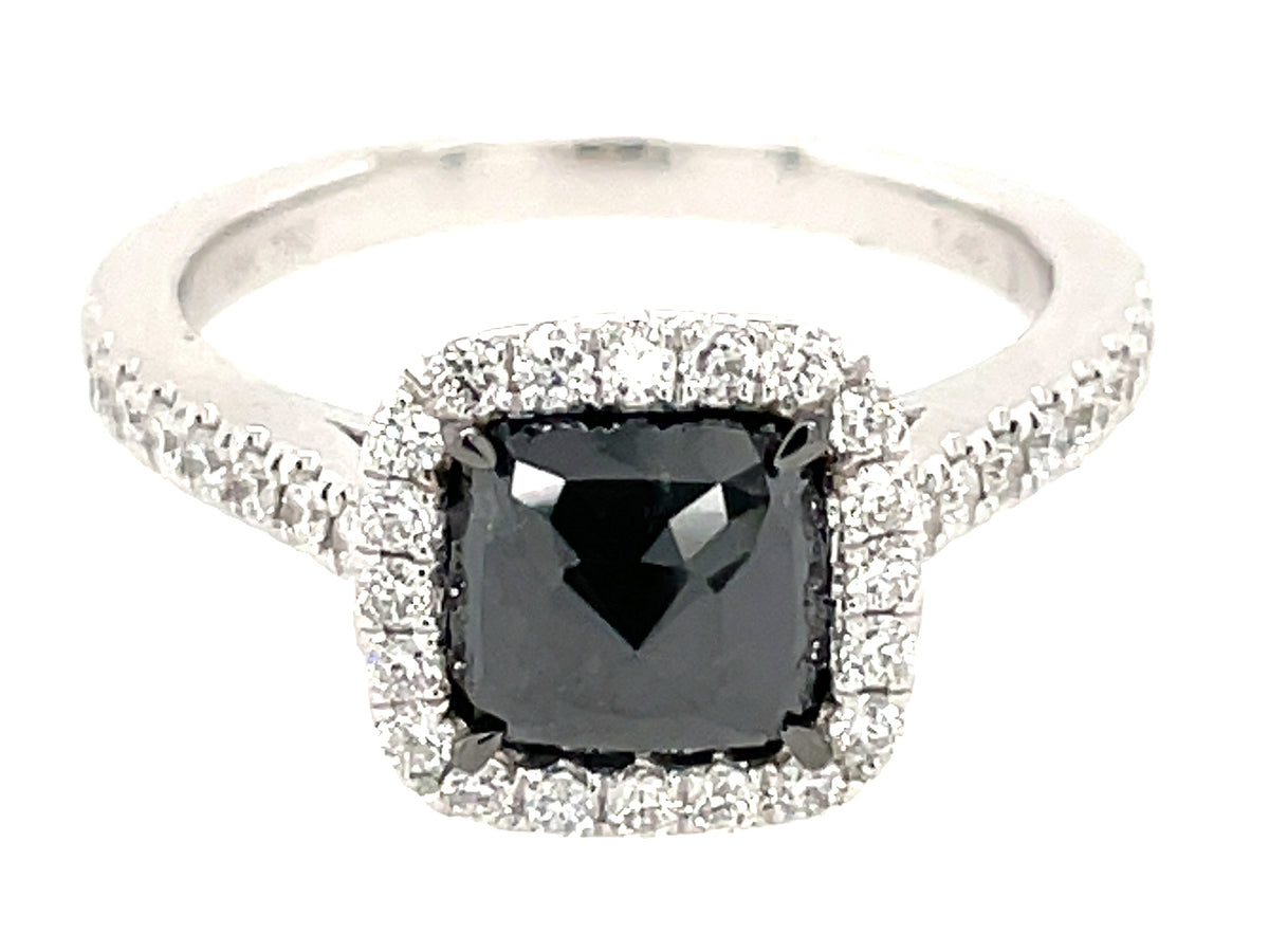 ROSE CUT CUSHION BLACK & WHITE DIAMOND HALO RING