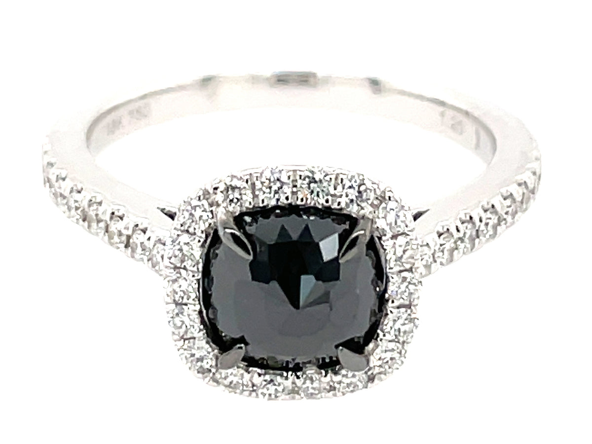 ROSE CUT CUSHION BLACK & WHITE DIAMOND HALO RING