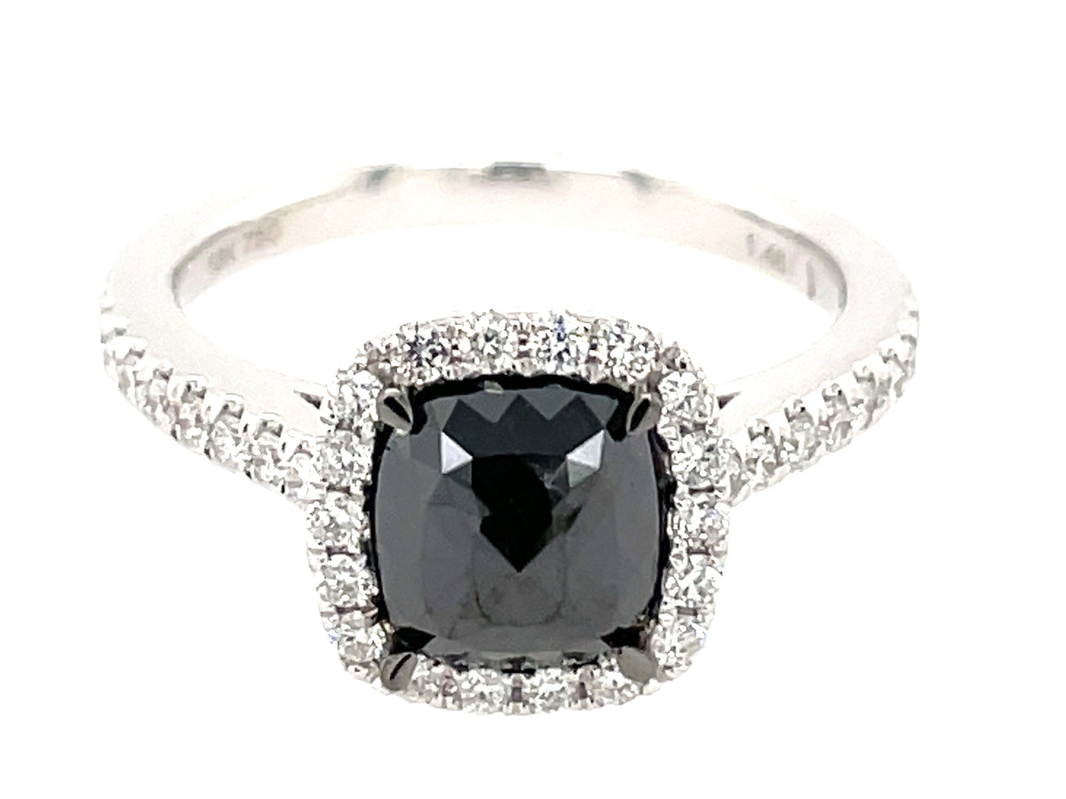 ROSE CUT CUSHION BLACK & WHITE DIAMOND HALO RING, 18KW (R)