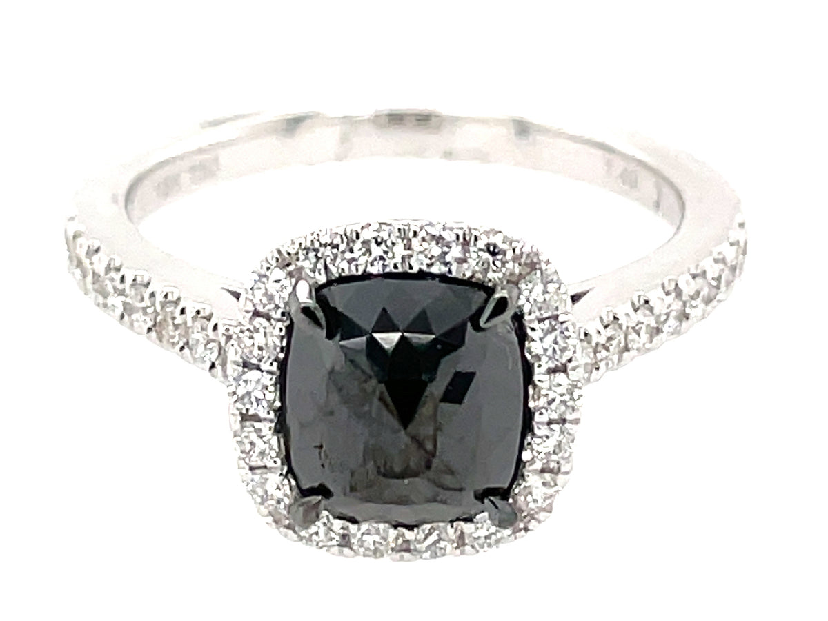 ROSE CUT CUSHION BLACK & WHITE DIAMOND HALO RING, 18KW (R)