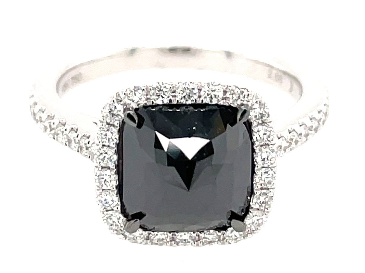ROSE CUT CUSHION BLACK & WHITE DIAMOND HALO RING, 18KW (R)