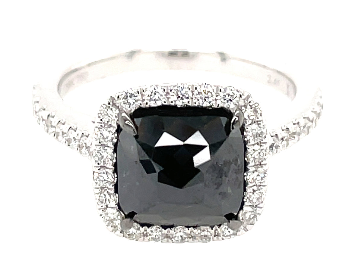 ROSE CUT CUSHION BLACK & WHITE DIAMOND HALO RING, 18KW (R)