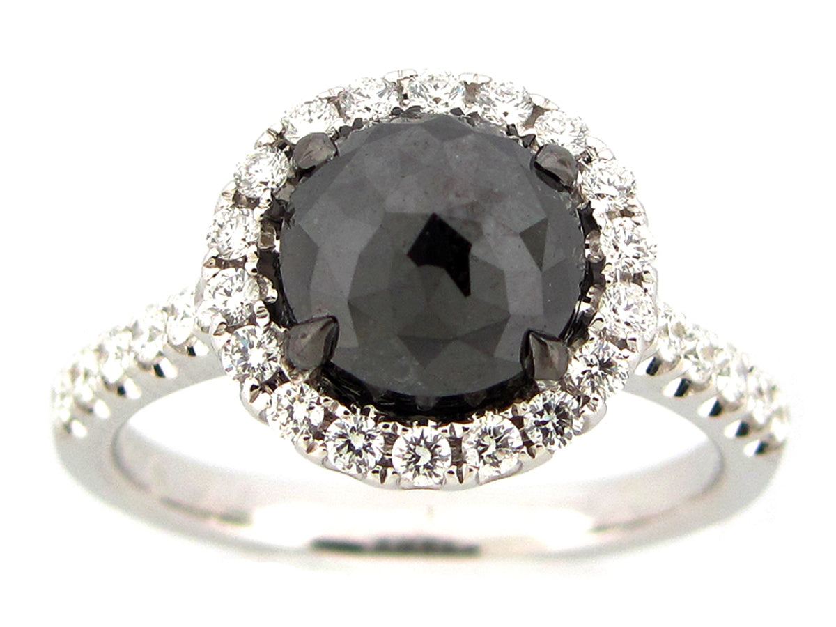 ROSE CUT BLACK & WHITE DIAMOND RING, 18KW (R)