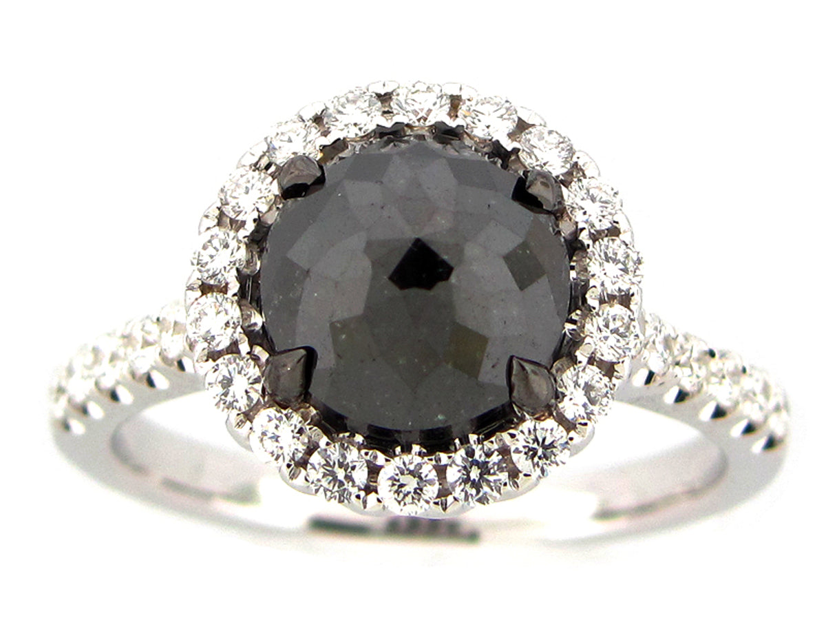 ROSE CUT BLACK & WHITE DIAMOND RING, 18KW (R)