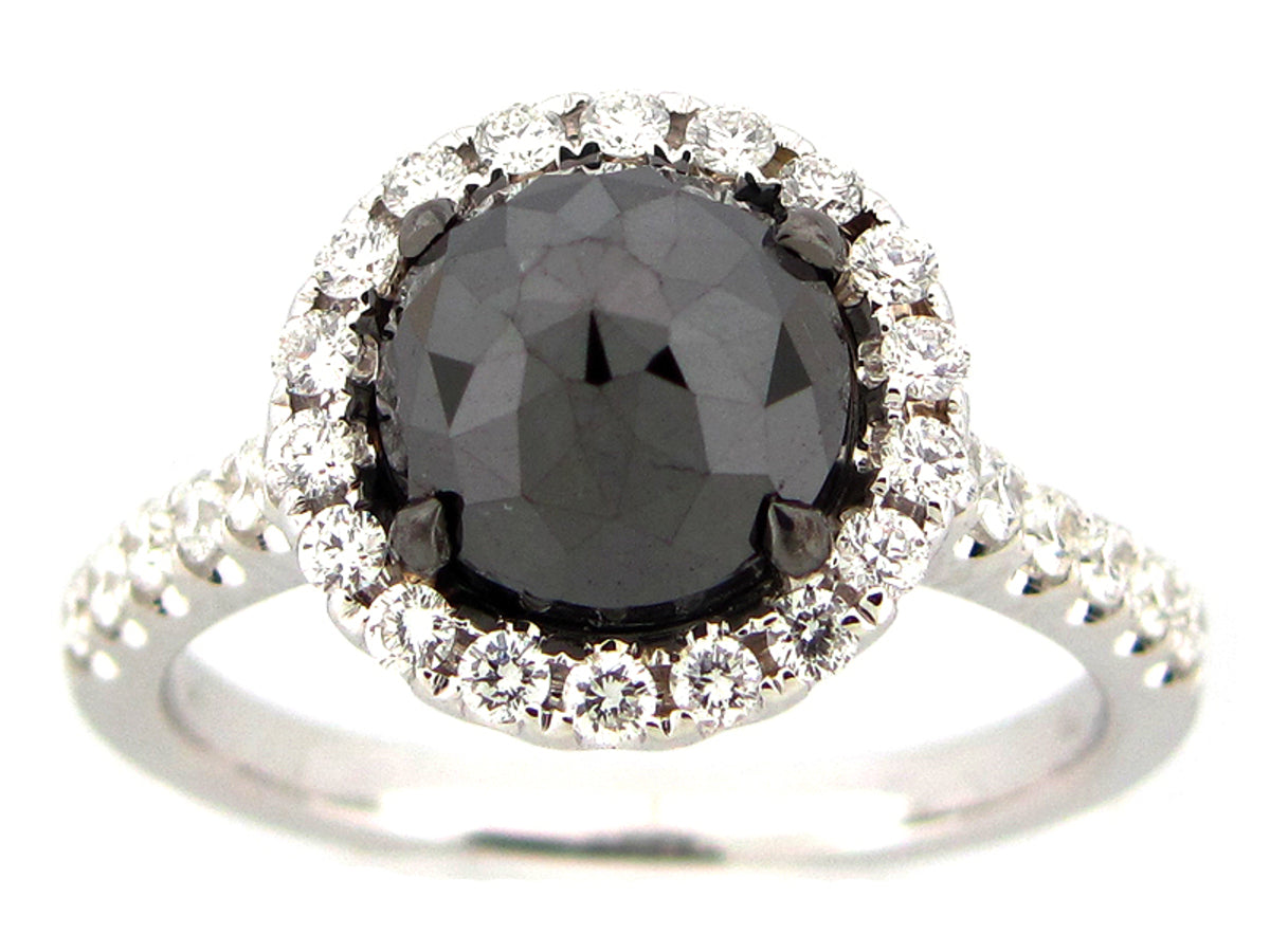 ROSE CUT BLACK & WHITE DIAMOND RING, 18KW (R)