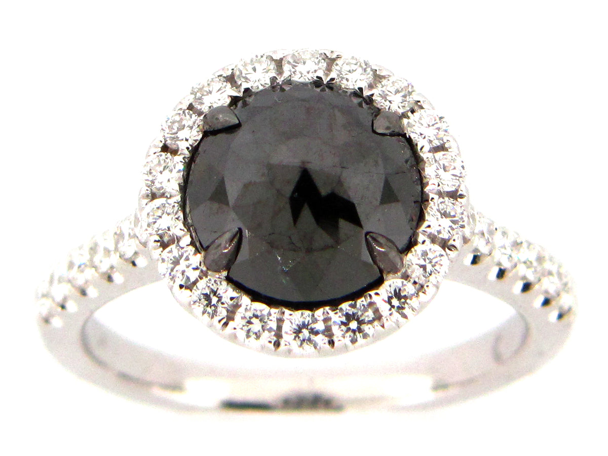 ROSE CUT BLACK & WHITE DIAMOND RING, 18KW (R)