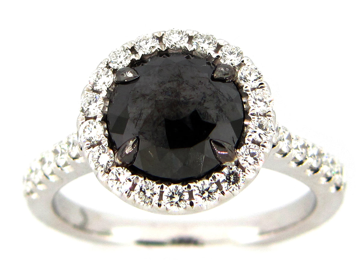 ROSE CUT BLACK & WHITE DIAMOND RING, 18KW (R)