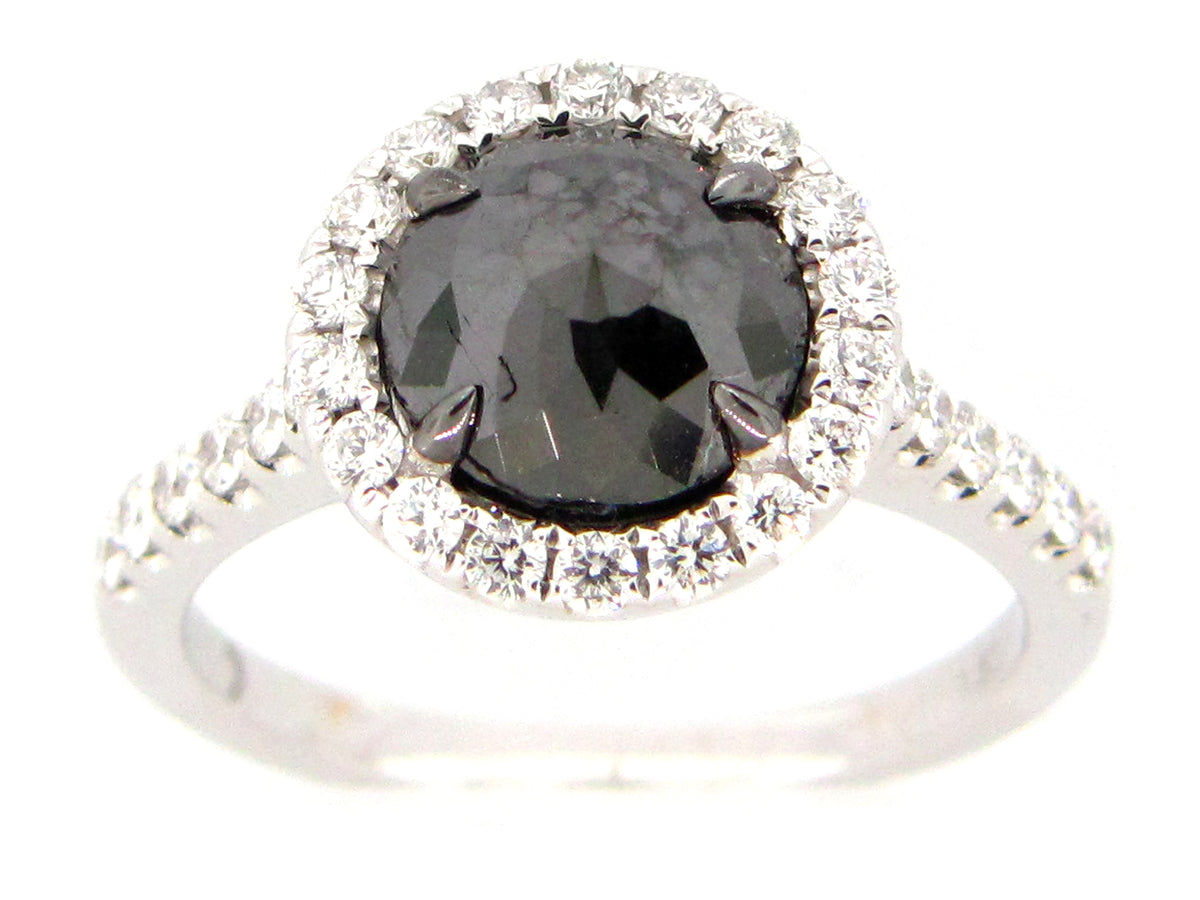 ROSE CUT BLACK & WHITE DIAMOND RING, 18KW (R)