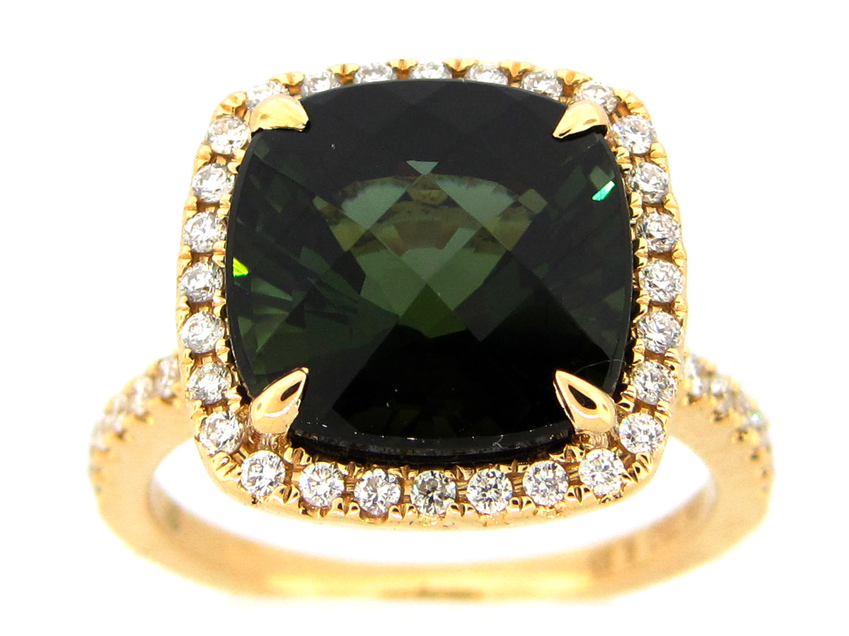 GREEN TOURMALINE & DIAMOND RING, 18KY (H)