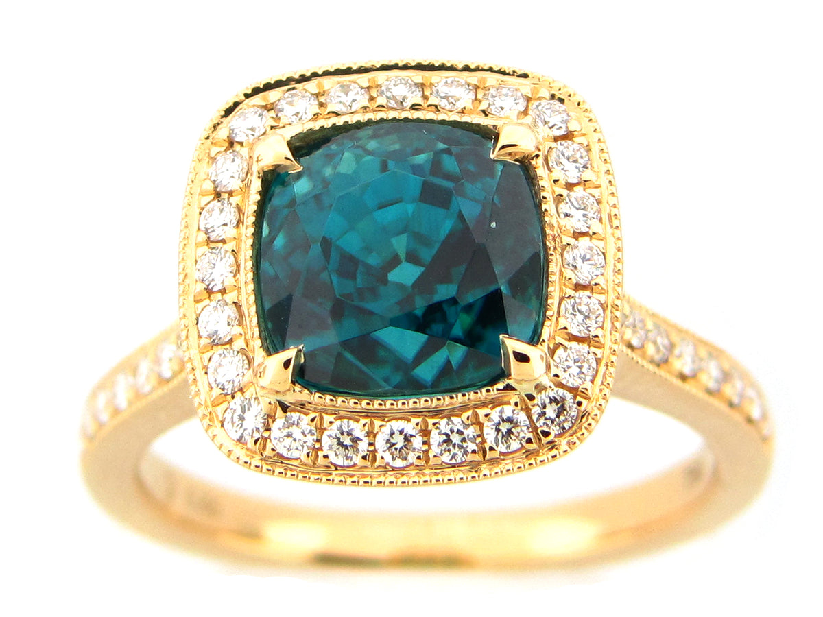 BLUE ZIRCON & DIAMOND RING, 18KY (H)