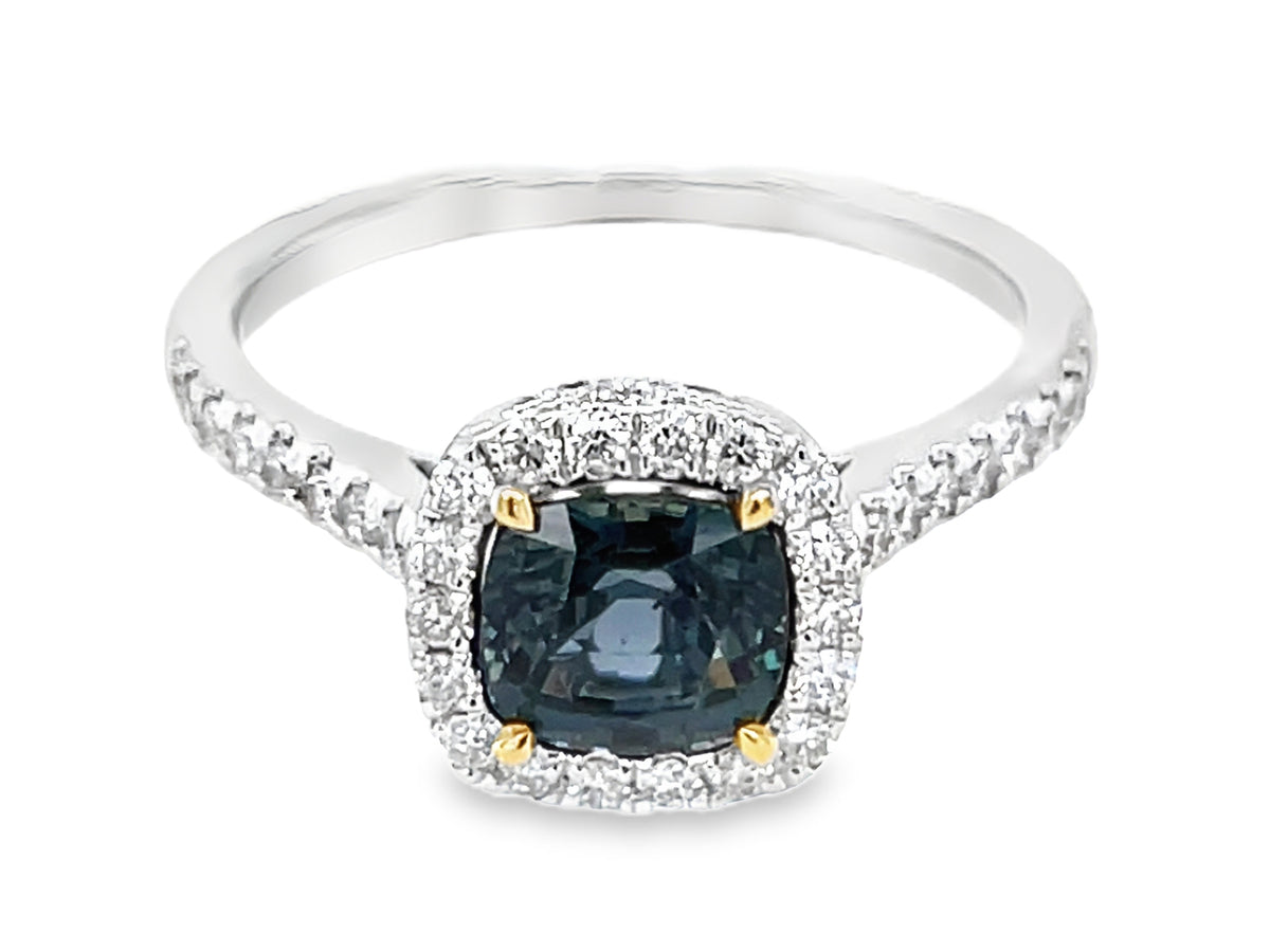 NATURAL NO HEAT GREEN SAPPHIRE CUSHION & DIAMOND HALO RING