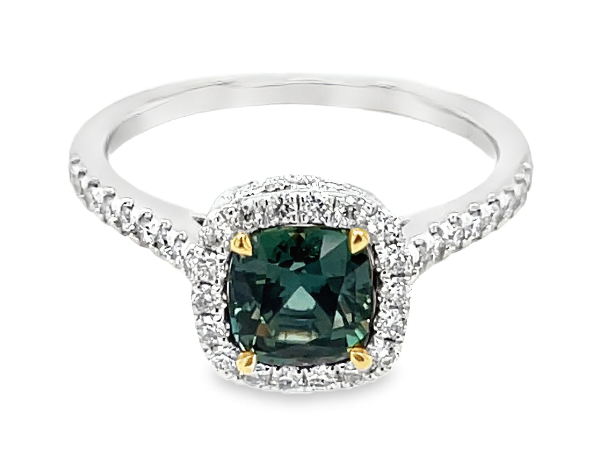 NATURAL NO HEAT GREEN SAPPHIRE CUSHION & DIAMOND HALO RING