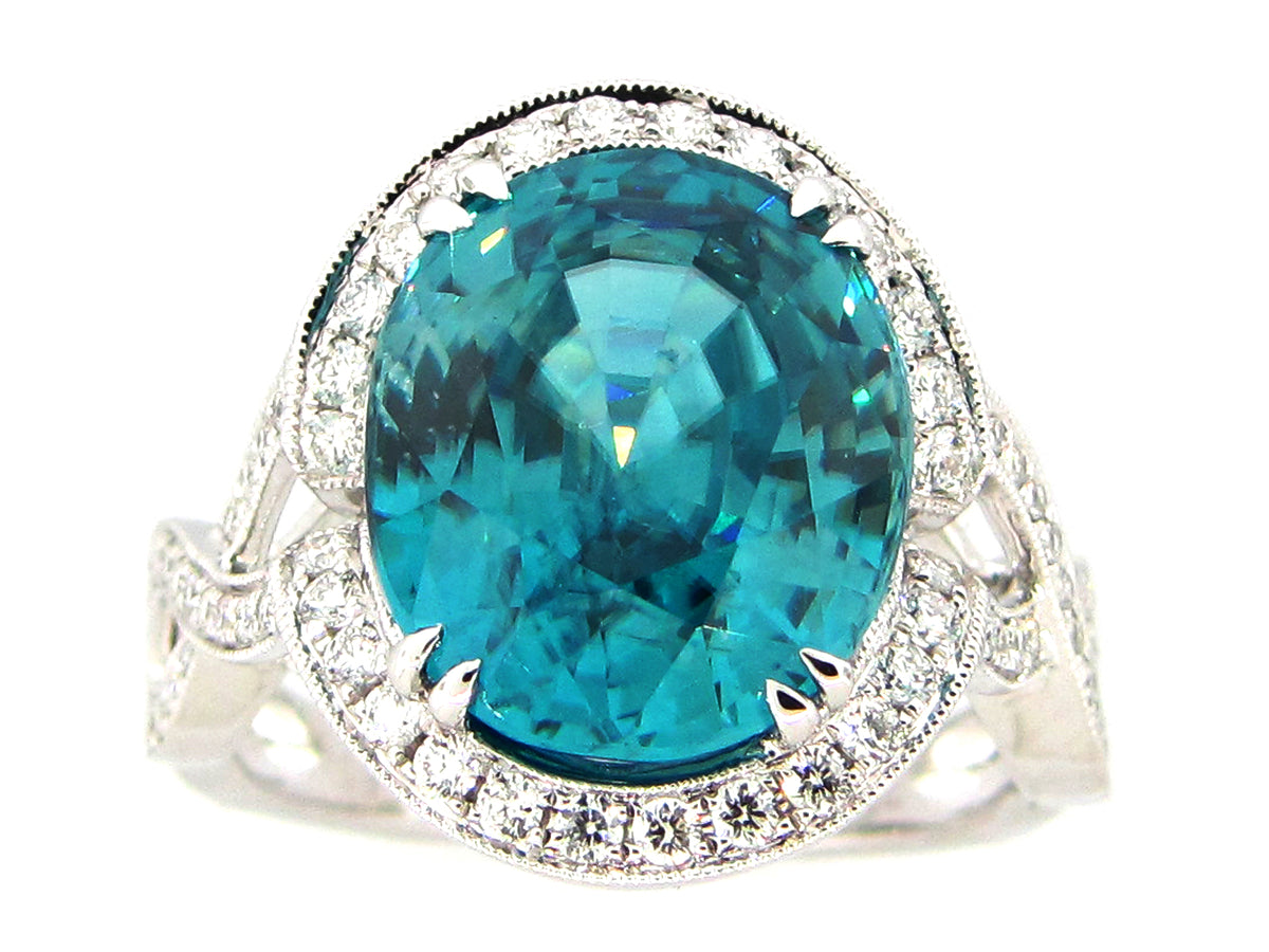 BLUE ZIRCON & DIAMOND RING, 18KW (H)
