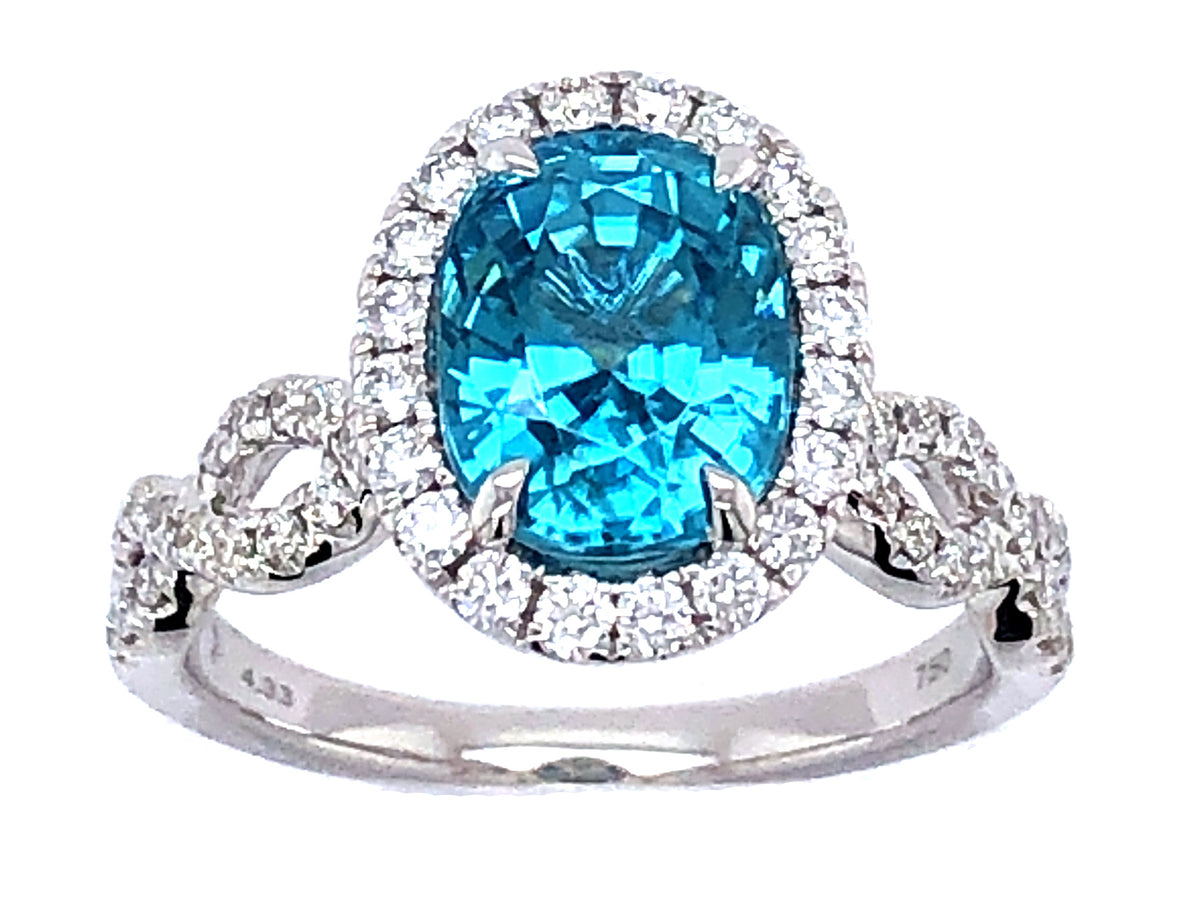BLUE ZIRCON & DIAMOND RING, 18KW (H)