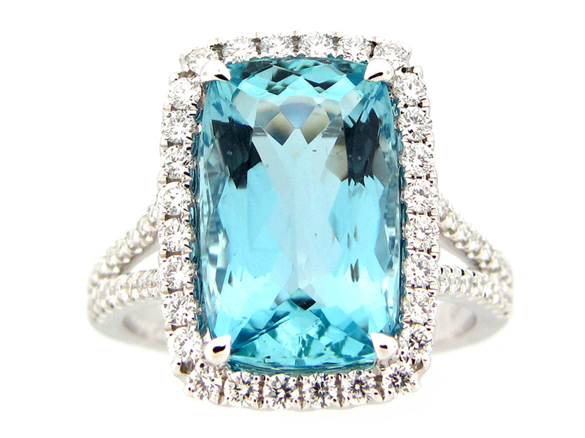 AQUAMARINE & DIAMOND RING, 18KW (H)